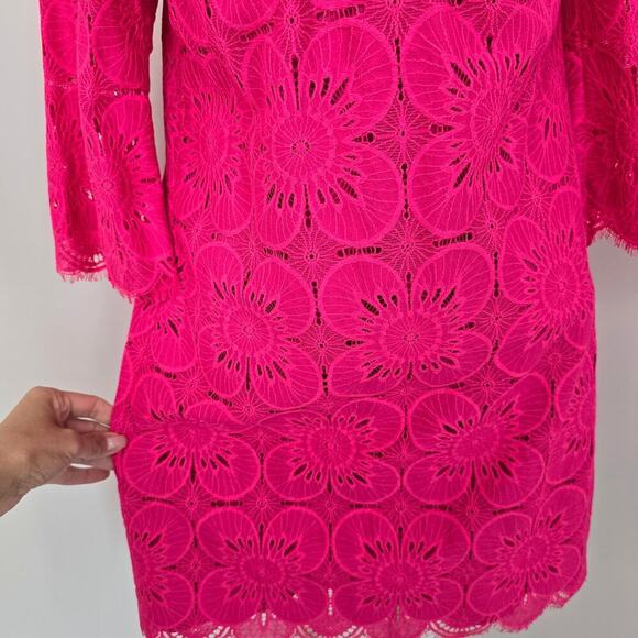 Trina Turk Hot Pink 3/4 Sleeves V Neck Lace Lined Mini Dress Sz 0 (645) - Picture 4 of 8